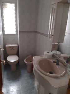 uma casa de banho branca com um lavatório e um WC em habitación pequeña en piso compartido con 2 adultos y 1 perrito em Valência