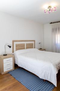 ein Schlafzimmer mit einem großen weißen Bett und einem blauen Teppich in der Unterkunft Ático Mirador Santa Tecla A Guarda in A Guarda