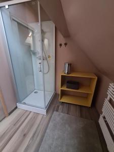 a bathroom with a shower and a yellow cabinet at Le chalet du bois joli in Kruth