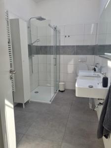 a bathroom with a shower and a toilet and a sink at L8 Street Monteurwohnung - Mönsheim in Mönsheim