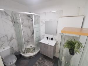 uma casa de banho com um chuveiro, um WC e um lavatório. em Lovely Cozy Apartment in the entrance of Nicosia em Aglantzia