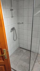 a bathroom with a shower with a glass door at Abigel Thermal Apartman in Bük