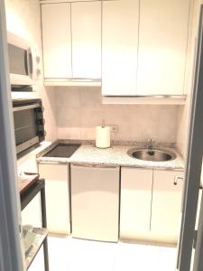 a small kitchen with white cabinets and a sink at Los Jerónimos in Madrid
