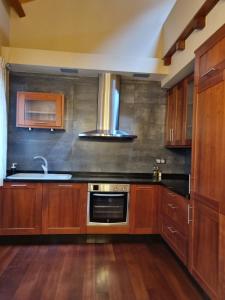 a kitchen with wooden cabinets and a sink at Apartamentos Turísticos Betanzos in Betanzos +14 photos
