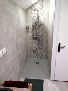 uma casa de banho com uma cabina de duche ao nível do chão em Chambre de Brunemont em Diéval