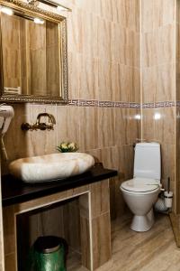 ein Badezimmer mit einem WC, einem Waschbecken und einem Spiegel in der Unterkunft VILA Corviniana in Hunedoara