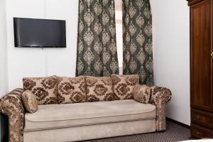a couch sitting in a living room with a tv at VILA Corviniana in Hunedoara