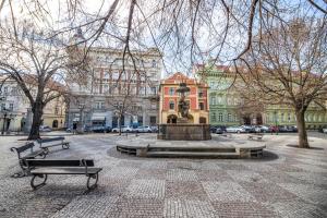 a fountain in the middle of a city with buildings at Old Prague Hotel in Prague