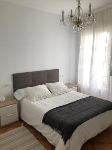Un dormitorio con una cama grande y una lámpara de araña. en Apartamentos La Palma en Ubrique