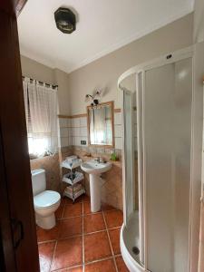 a bathroom with a toilet and a sink and a shower at Casa Charo in Valle de Abdalagís