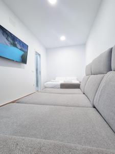 sala de estar con sofá y TV en la pared en Metropolitan apartments, en Madrid