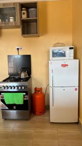 eine Küche mit einem Herd, einer Mikrowelle und einem Kühlschrank in der Unterkunft Dala Luxury Home- Bondo in Bondo