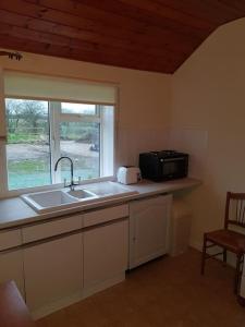 a kitchen with a sink and a window and a microwave at Amazingly quiet and peaceful studio getaway. in Woodhall Spa