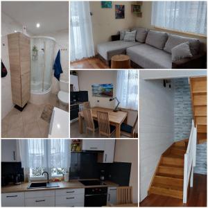 een collage van foto's van een keuken en een woonkamer bij Uroczy Domek z Kominkiem in Lipowa