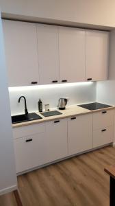 kuchnia z białymi szafkami i zlewem w obiekcie Apartament 4 Piętro w mieście Sopot