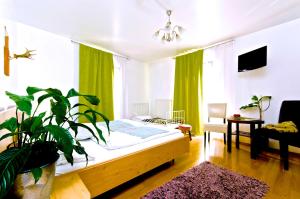 sypialnia z łóżkiem i zieloną zasłoną w obiekcie Zur Steirerstub'n w Grazu