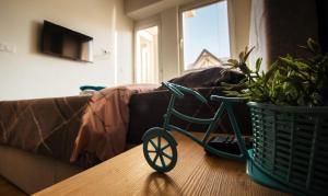 Krkulj Apartments في أوخريد: دراجة ألعاب خضراء على طاولة بجوار أريكة