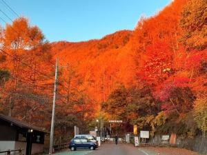 a car parked on a road in front of a mountain at Yasha Gami Hutte - Vacation STAY 36327v in Minami Alps