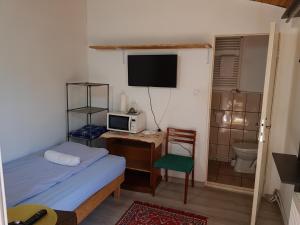 - une chambre avec un lit et un bureau avec une télévision dans l'établissement Hompot Accommodation, à Deva