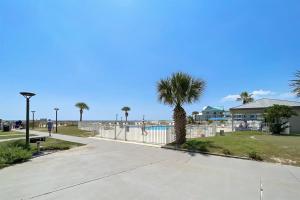 einen Bürgersteig neben einem Strand mit einer Palme in der Unterkunft Royal Gulf Beach and Racquet Club-5615-Beachfront Luxury! Near Kiva Dunes Golf in Gulf Shores