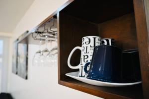 a blue and white coffee mug on a plate on a shelf at Flor de Garambullo, Valle de Guadalupe in Valle de Guadalupe