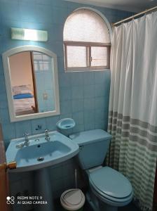 uma casa de banho com um WC, um lavatório e um espelho. em Depto Metro Irarrazaval Santiago em Santiago