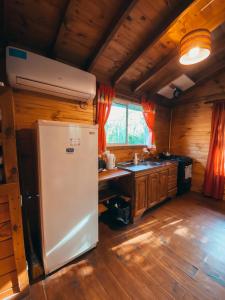 a kitchen with a refrigerator and a sink in a cabin at ComplejoGovinda in Tigre