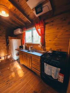 a kitchen with a sink and a stove in a cabin at ComplejoGovinda in Tigre