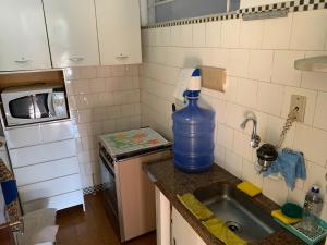 a kitchen with a sink and a bottle of water on the counter at Apart 1 Dorm Sala 3 Ambientes in Águas de Lindóia