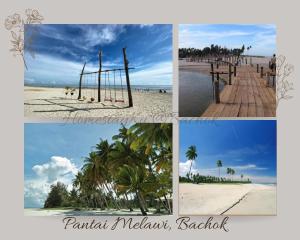 a collage of pictures of a beach with a pier at HomestayKu @Bachok in Bachok