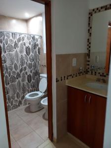 a bathroom with a toilet and a shower curtain at El Depto de Roberto in Villa María