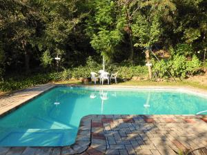a swimming pool with a table and chairs in a yard at Viewpoint Lodge & Safari Tours in Hazyview