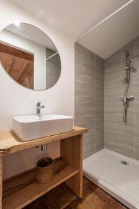 La salle de bains est pourvue d'un lavabo et d'une douche. dans l'établissement LE MOULIN DU VIVIER, à Saint-Martin-Lalande