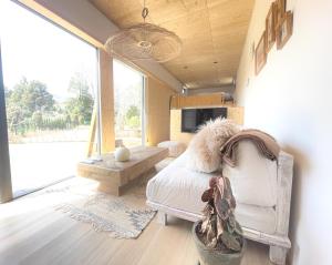 ein Schlafzimmer mit einem Bett, einem Sofa und einem Tisch in der Unterkunft GLANSTELLA CABIN Fujiyamanakako in Yamanakako