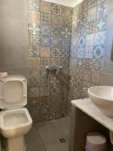 a bathroom with a toilet and a sink at Nikos Hotel in Diafani +64 photos