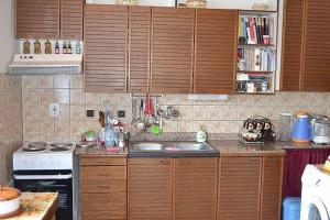 a kitchen with wooden cabinets and a sink and a stove at Chata Franco in Železnice