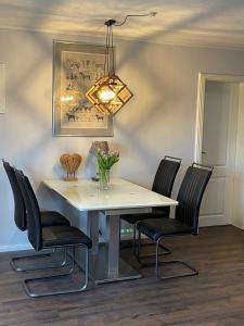 a dining room table with chairs and a light fixture at Heidezeit 5 in Neuenkirchen