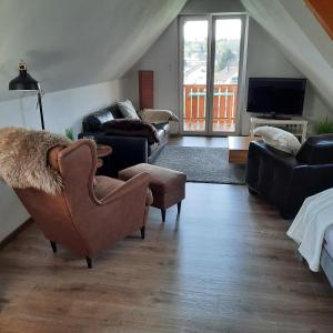 ein Wohnzimmer mit einem Sofa und einem Stuhl in der Unterkunft Apartment Moritz in Lahr