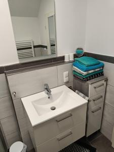 a bathroom with a sink and a mirror at Appartment Merle in Wimbach