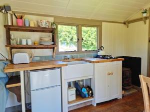 a kitchen with a sink and a counter top at Pen Bryn Shepherd Hut in Hay-on-Wye