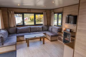 ein Wohnzimmer mit einem Sofa und einem TV in der Unterkunft Mobilheime am See in Lychen