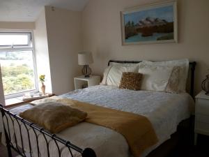 a bedroom with a large bed with a window at Hyfrydle Heights in Pen-y-groes
