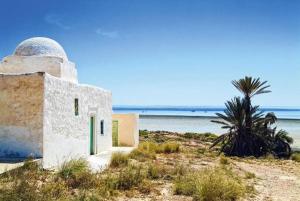 un pequeño edificio en la playa con una palmera en Villa luxueuse meublée, en Sfax