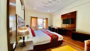 a hotel room with a bed and a television at Hotel de borgo in Leh