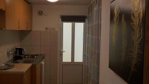 eine Küche mit einer Tür mit einem Fenster und einem Waschbecken in der Unterkunft Apartmani Abeona in Budva
