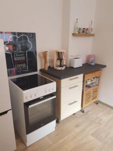 a kitchen with a stove and a counter top at Großzügige Fewo in Wittenberge -DaLaRi in Wittenberge