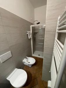 uma casa de banho com um WC, um chuveiro e um lavatório. em Agriturismo Antiglia em Sovana