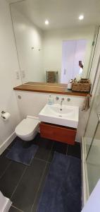 La salle de bains est pourvue d'un lavabo, de toilettes et d'un miroir. dans l'établissement Bright & spacious Double Bedroom with EnSuite and Concierge! Paid parking available, à Londres