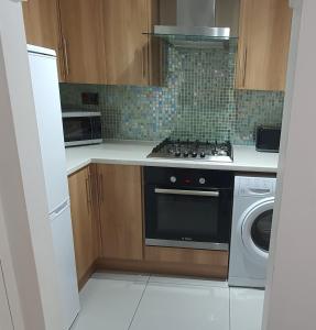 a kitchen with a stove and a washing machine at Kingsley House in Hastings