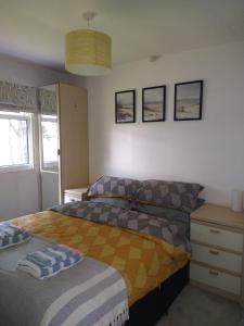 a bedroom with two twin beds and a lamp at 238 Norton Park, Dartmouth 2 bed holiday home with free parking in Dartmouth